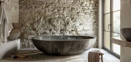 Натуральные фактуры в ванной: камень, дерево и керамогранит вместо скучной классики
