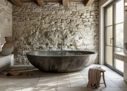 Натуральные фактуры в ванной: камень, дерево и керамогранит вместо скучной классики