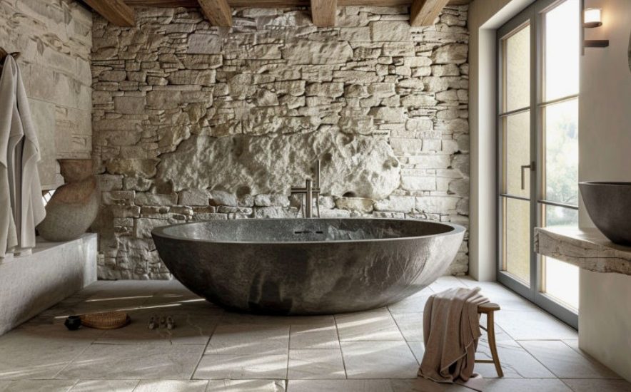 Натуральные фактуры в ванной: камень, дерево и керамогранит вместо скучной классики